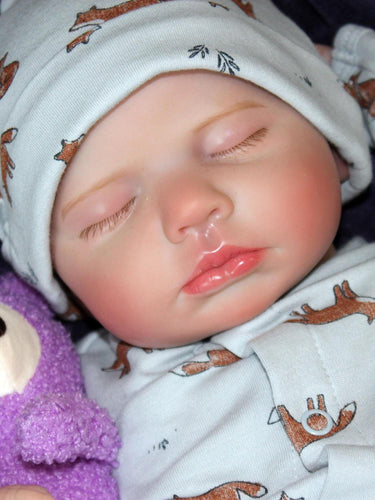 Sleeping reborn baby doll in fox-print pajamas with matching hat, holding a purple teddy bear, lifelike newborn with white pacifier
